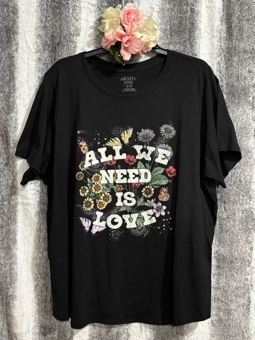 Mighty Fine Black Tee Floral "All We Need Is Love" Graphic size 2X